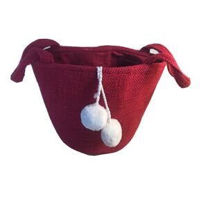 HALLMARK RED FABRIC GIFT BAG/TOTE BAG 10.5" x 9" WITH WHITE POM-POMS